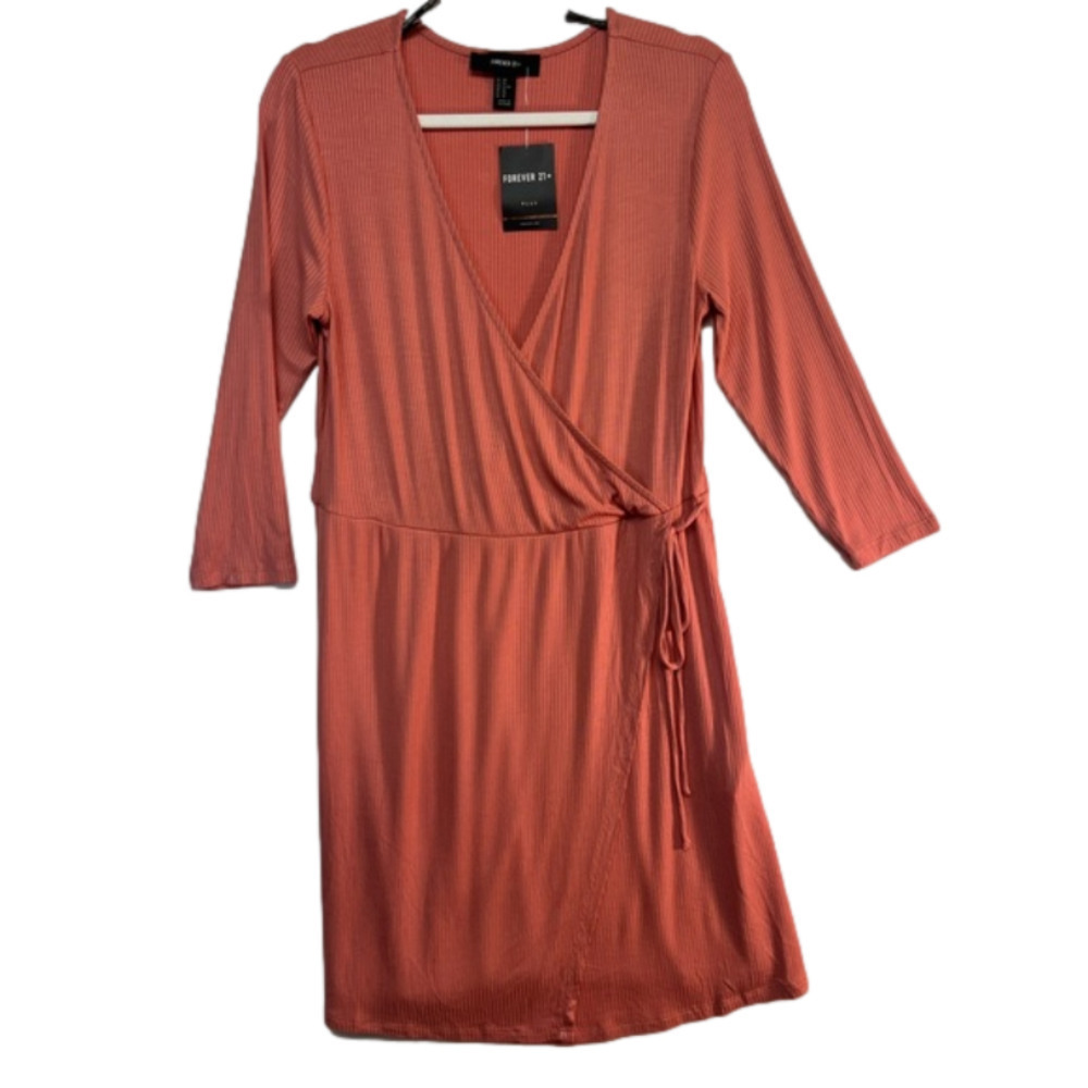 Forever 21 Coral Knit Surplice Neck Long Sleeve Size Plus Ox A-Line Dress